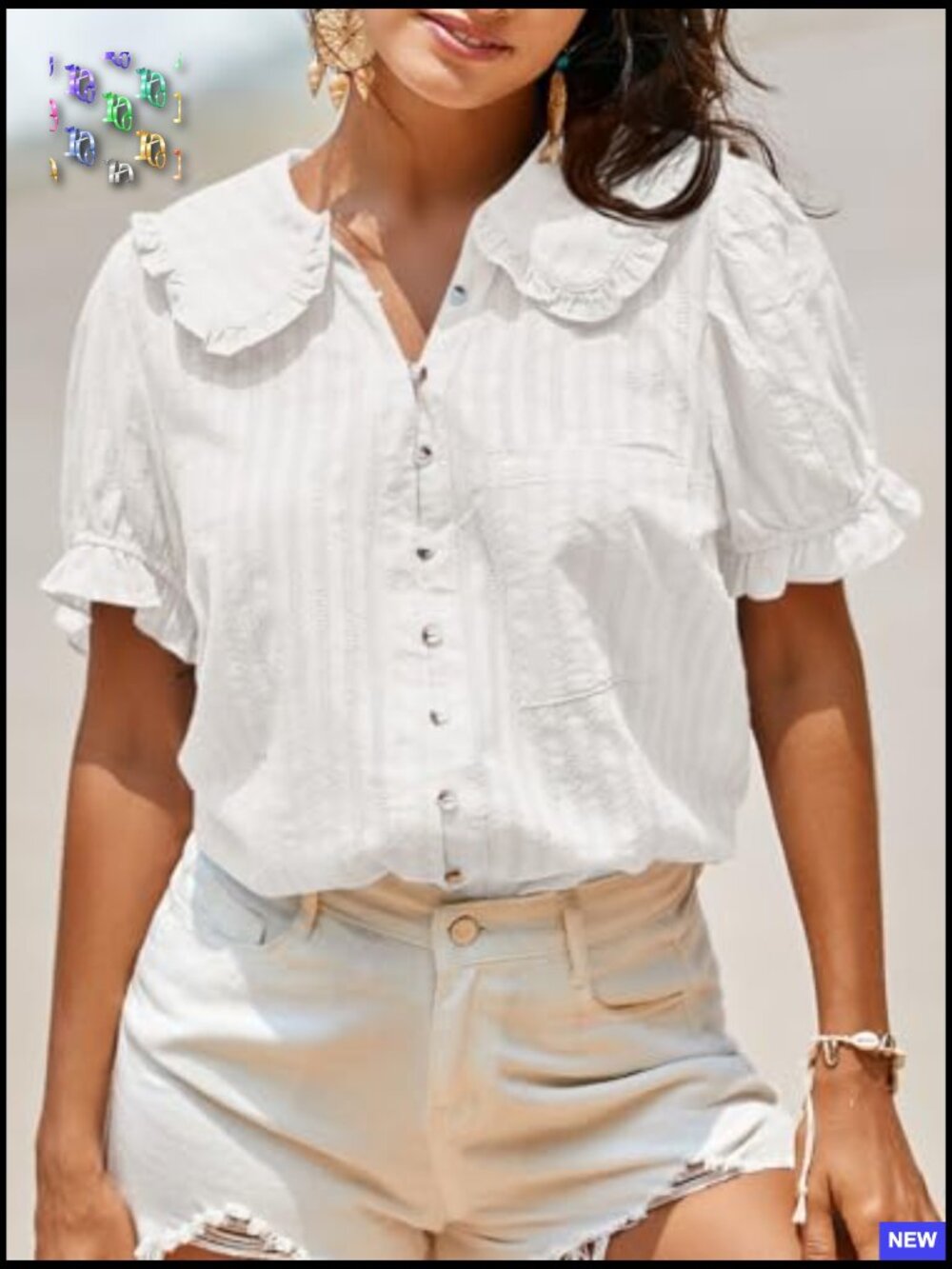Puff Sleeve Peter Pan Collar Button Down Blouse Casual Textured Cotton Top - Picture 2 of 7